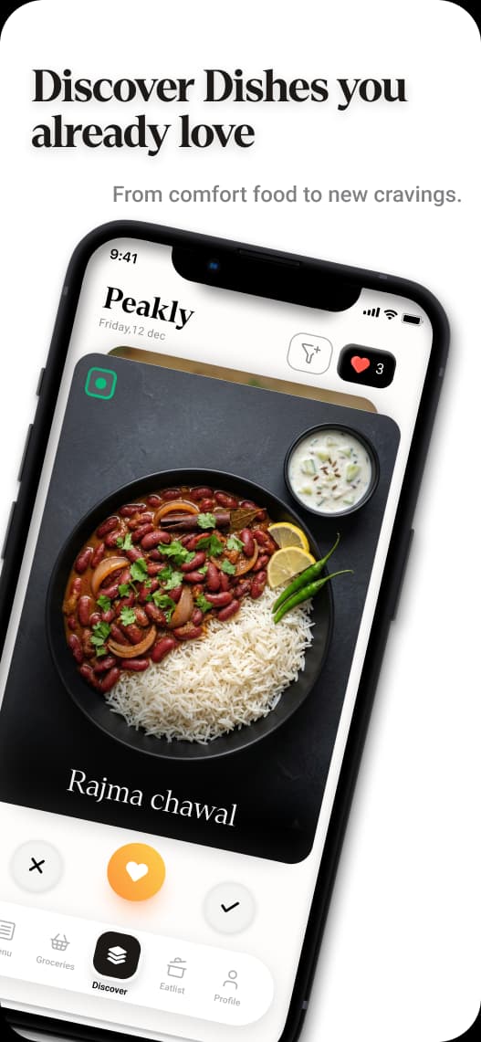 Peakly app — swipe to pick a dish